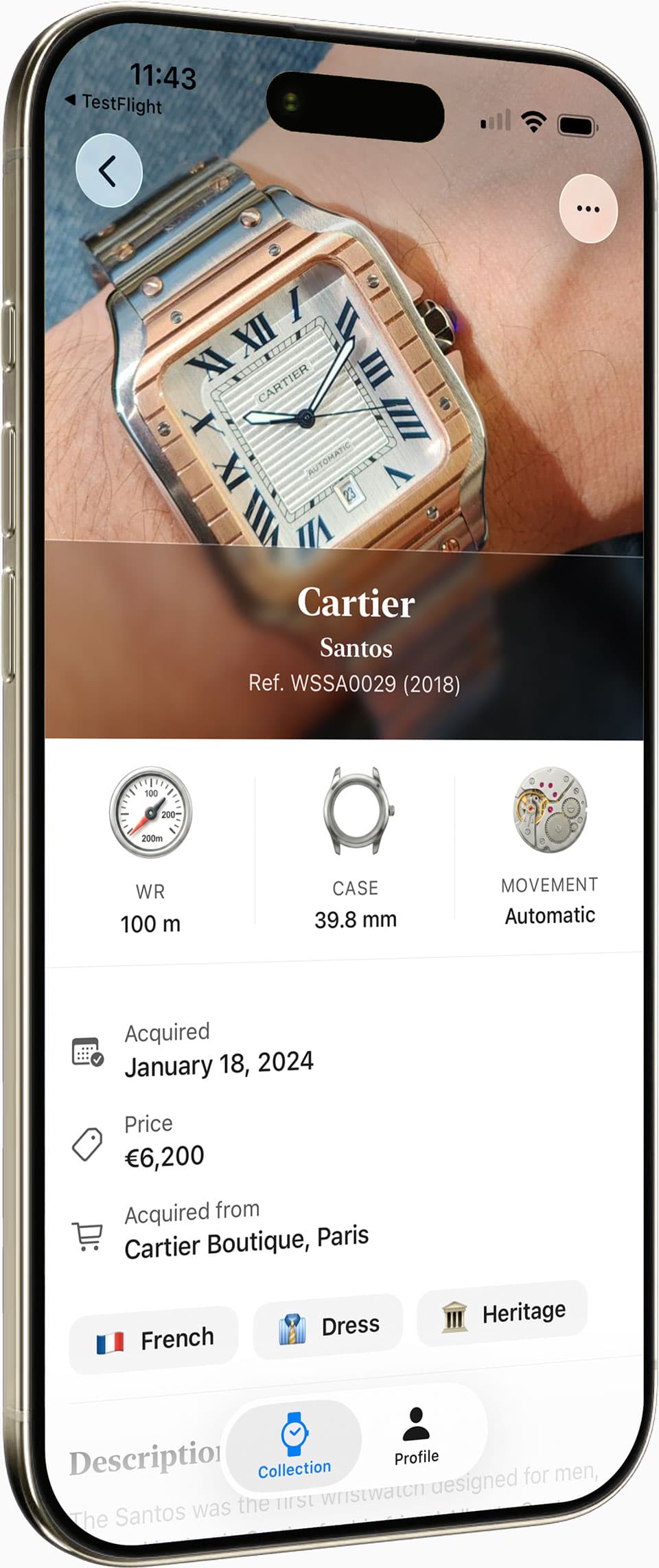 Detail View - Watch specifications
